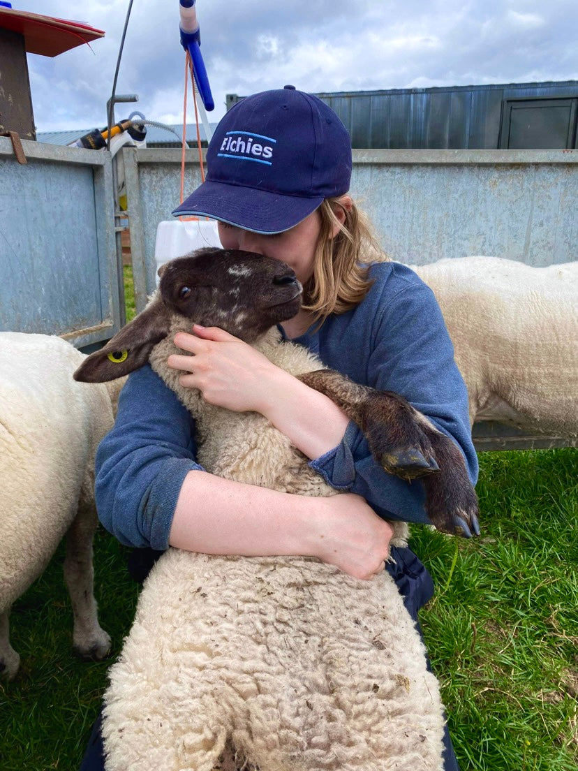 Emma hugging a sheep.
